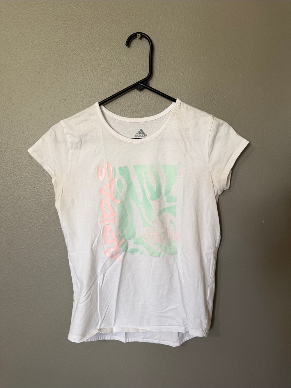 adidas White Tee with Mint Green and Coral Graphic